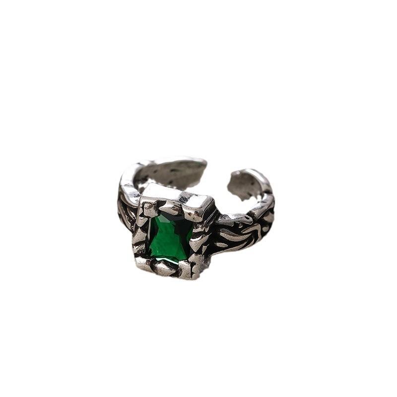 Fashionable Green Zircon Copper Ring For Women With Vintage Geometric Design Adjustable Size
