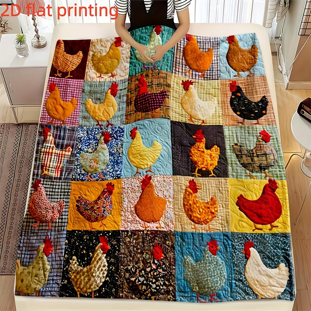 1pc Vintage Farmhouse Chicken Print Flannel Throw Blanket Rustic Country Style Cozy Bedding Decor for Couch Bed Size: 75*100cm, Weight: 230 GSM
