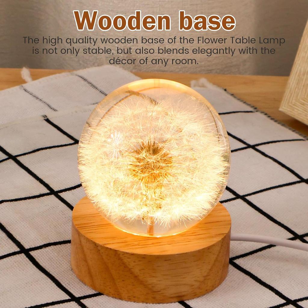 Crystal Dandelion Ball Night Light with Wooden Base USB Powered Dandelion Crystal Ball Night Lamp Fancy 3D LED Night Light Portable Night Lamp