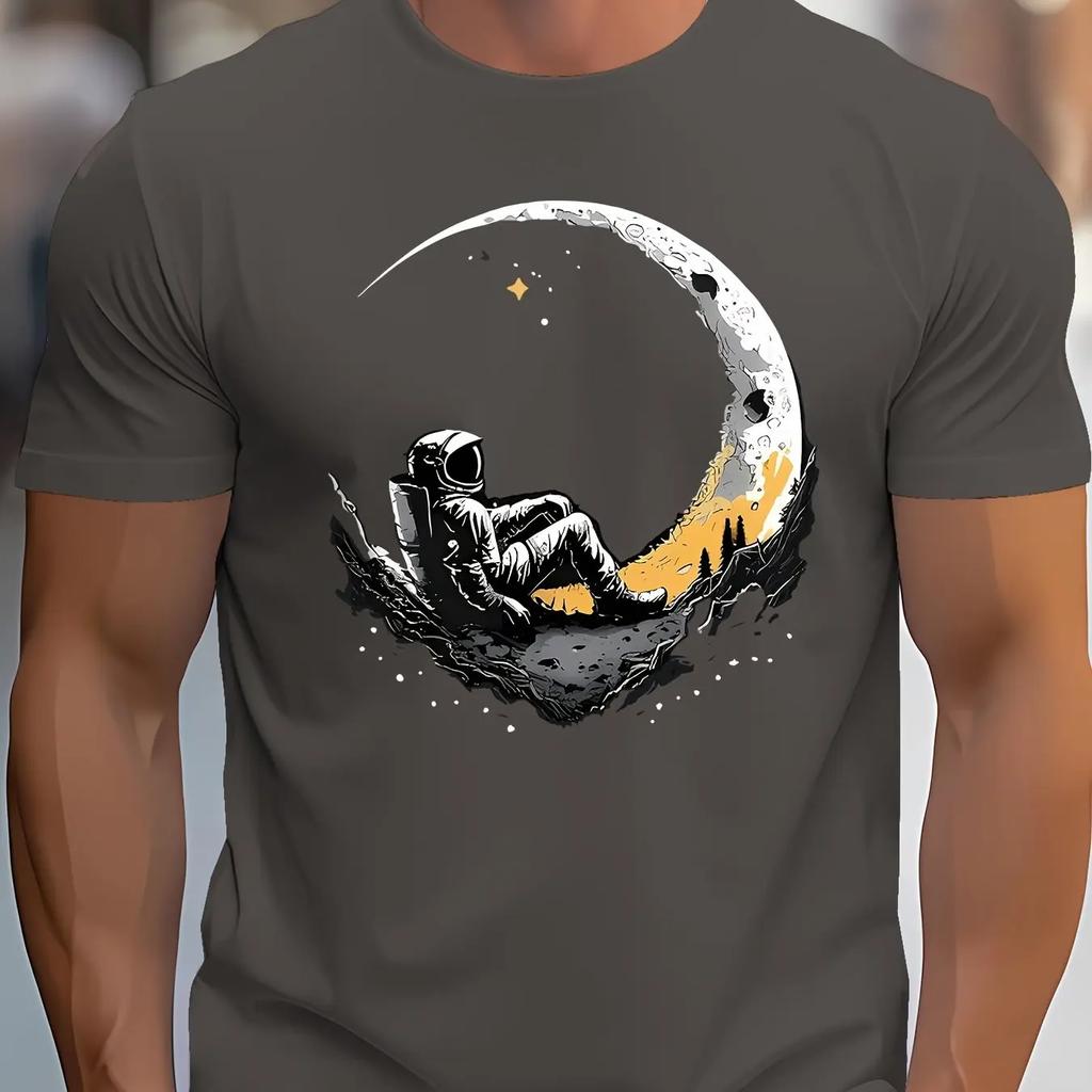 Large casual loose T-shirt, men's moon print, round neck short sleeved sports T-shirt,