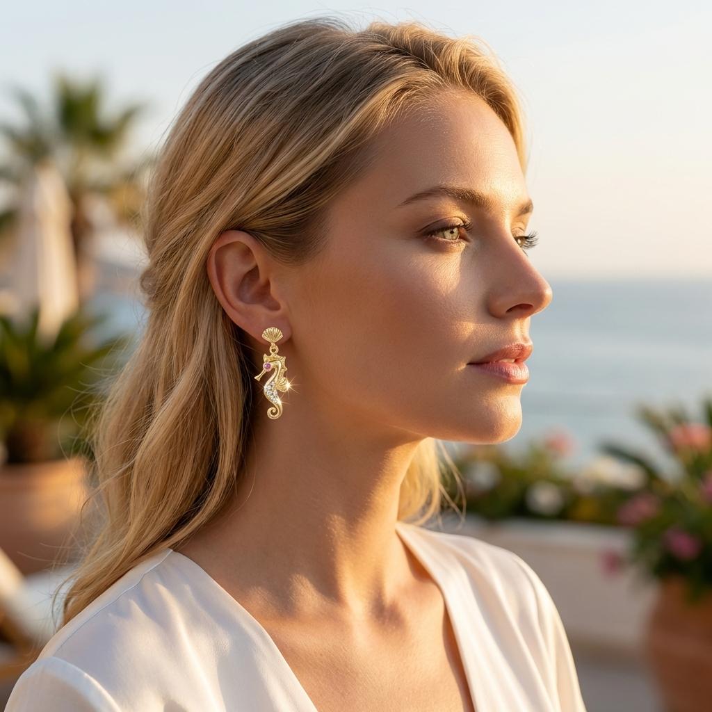 Elegant Pink Clear Rhinestones Seahorse Drop Earrings for Women Gold Color Shell Studs Nautical Ocean Theme Jewelry Summer Gift