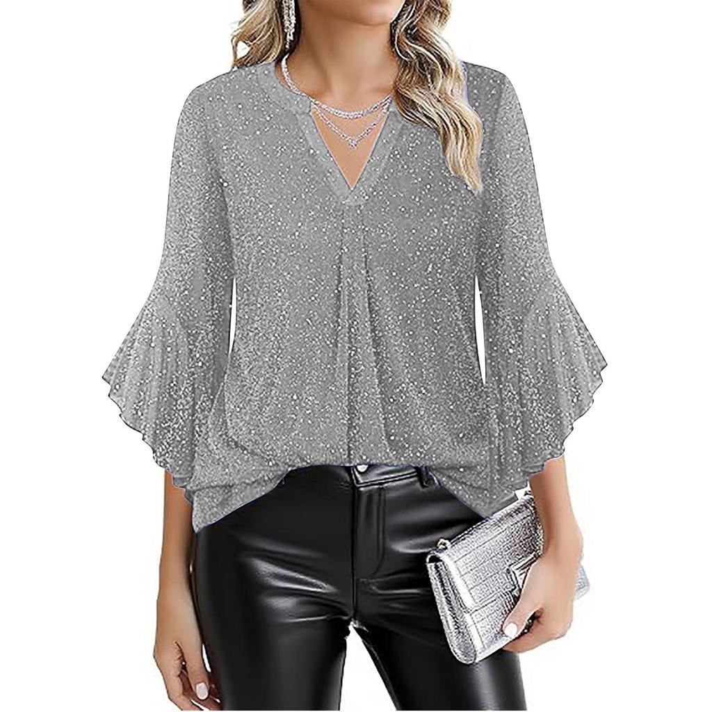 Women's Fashion Tulle V-Neck Petal-Sleeve Three-Quarter-Length Loose-Fit Top