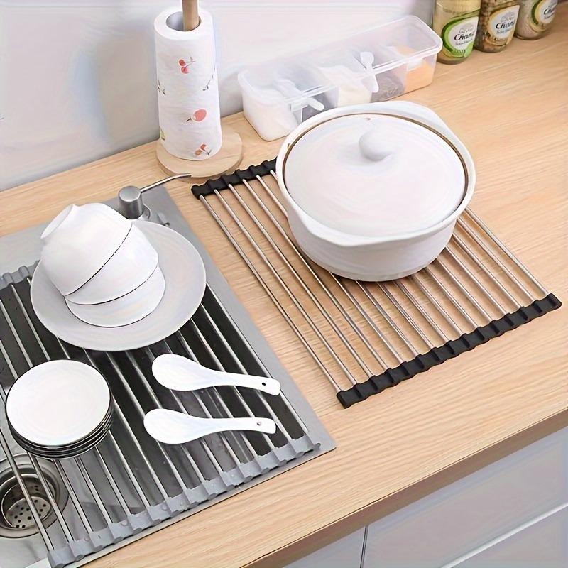 Premium stainless steel roll-up dish drying rack, space-saving, rust-resistant, easy-clean over-sink kitchen organizer.