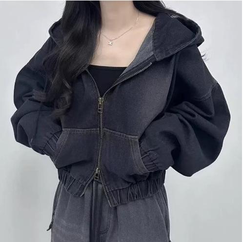 Autumn Temperament Double Zipper Loose Casual Short Long-sleeved Hooded Denim Jacket Women S