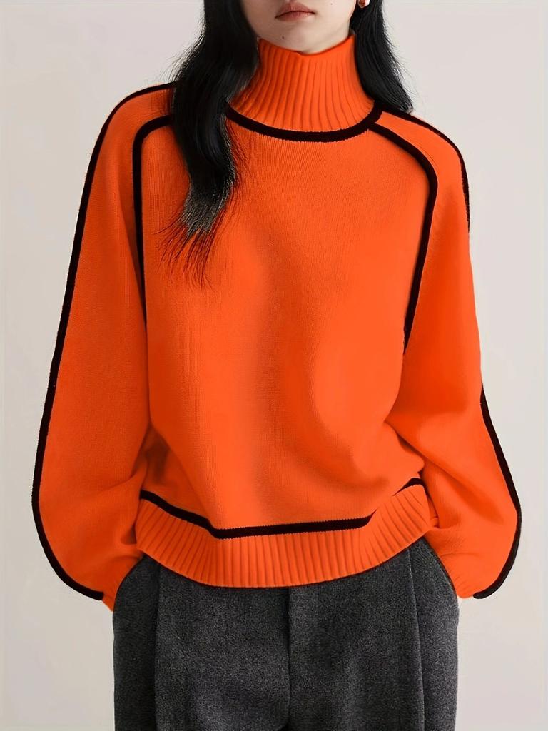 Women's Foreign Fashion Sweater, High Neck Crew Neck Top, Ribbed Knit Pullover for Women