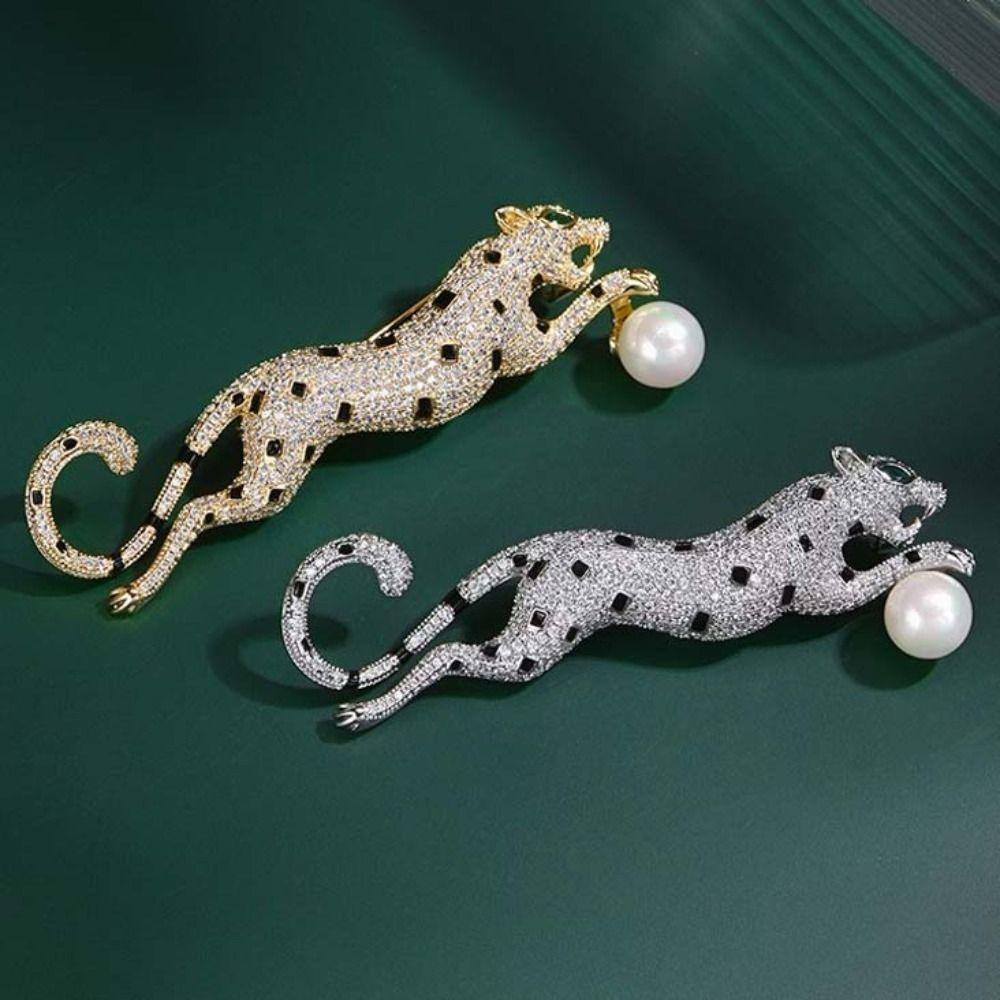 Full Rhinestone Leopard Brooches Gold Silver Leopard Brooch Pins Animal Brooches  Business Suit