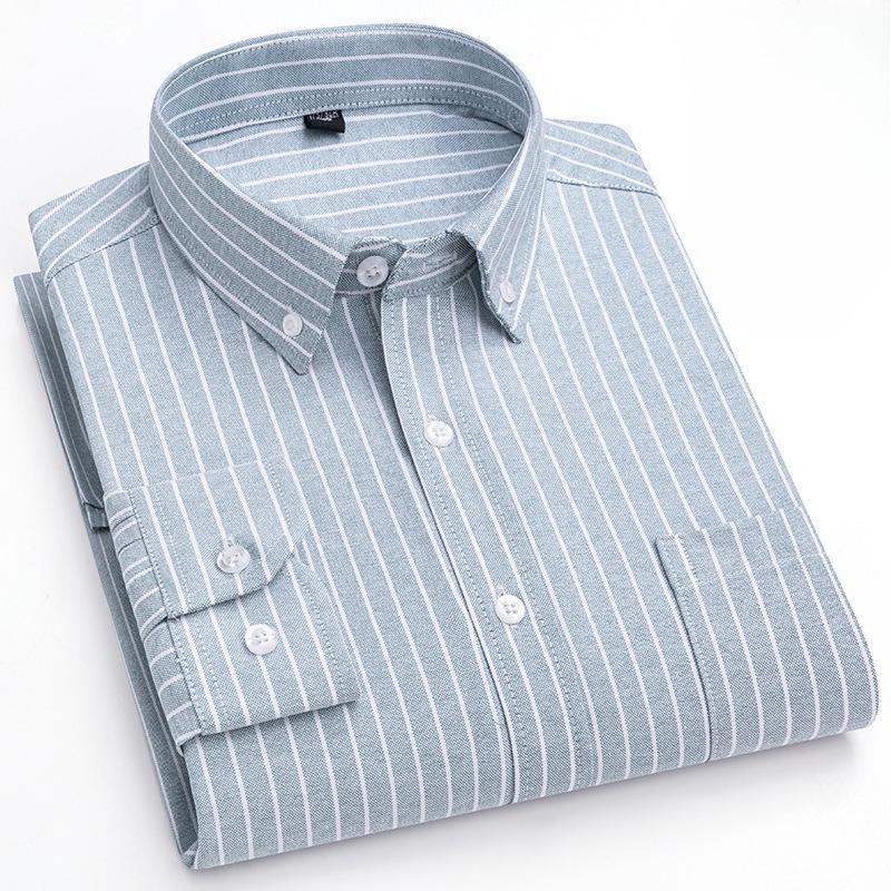 New Pure Cotton Business Men Oxford Shirt Long Sleeve Casual Plaid Striped with Chest Pocket Non-iron Autumn Spring