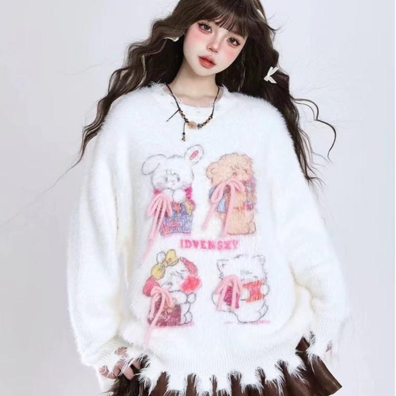 

Women Cartoon Bow Tie Tied Sweaters American Cute Solid Color Knitted Shirt Autumn Versatile Female Pullover Sweater One Size белый