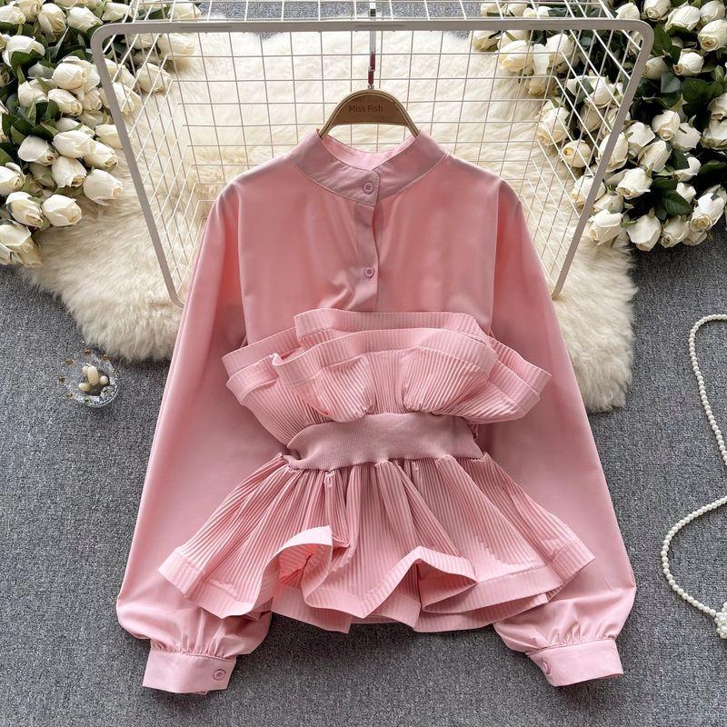 

Socialite Puff Sleeves Autumn Waist Trimming Ruffles Shirt Pink One size