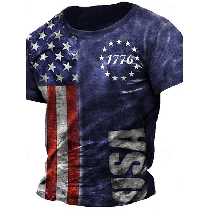 Summer Round Neck 3D Retro Flag Print Top Fashionable Casual Breathable Short Sleeved Men's T-shirts