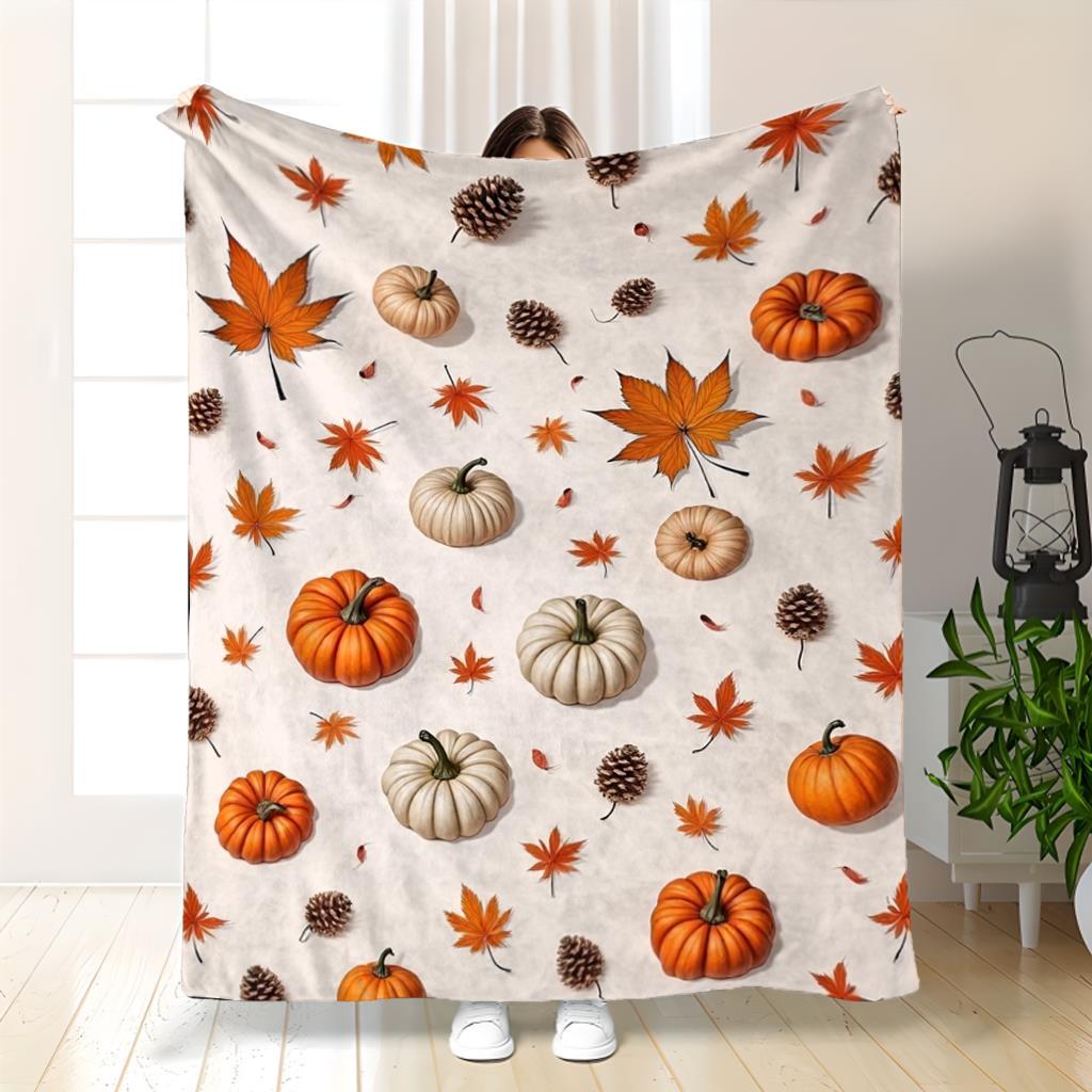 Ultra-Soft 280gsm Blanket - Pumpkin Print Autumn Flannel Throw 70x100cm
