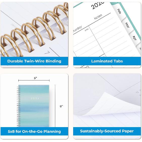 Blue Sky 2026 Weekly and Monthly Planner Calendar, January 2026 - December 2026, 5" x 8", Flexible Frosted Cover, Laminated Tabs, Durable Twin Wire