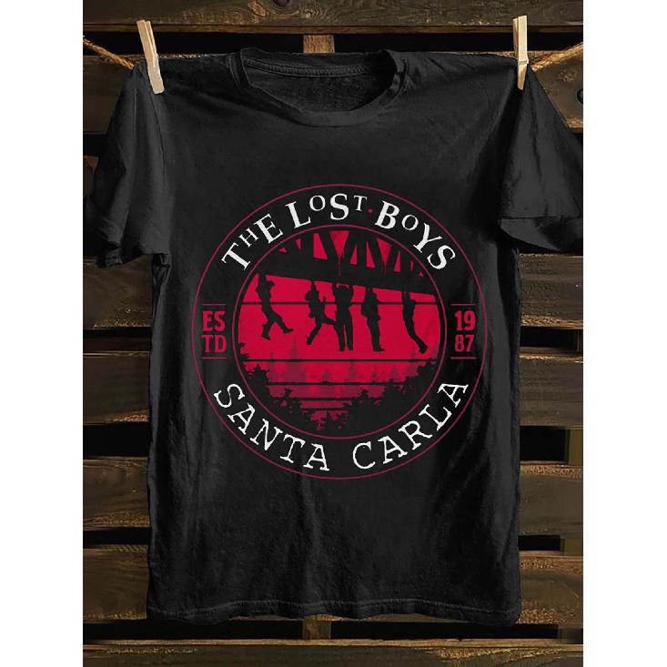 The Lost Boys Santa Carla 1987 Vintage Horror T-Shirt - Black Tee with Red Graphic, Loose Fit Crew Neck Cotton Shirt for Halloween, The Lost Boys