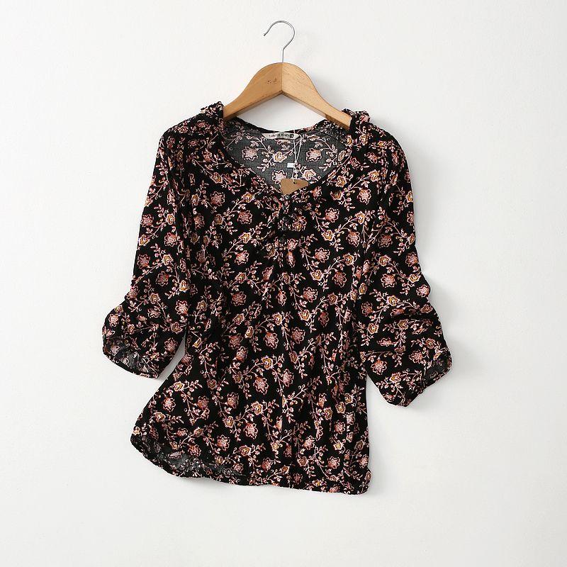 

Export Export French Style Retro Print Thin Cotton Silk Shirt Women s Summer Thin V-neck Artificial Cotton Pullover Tops Black Print Eurocode-XL