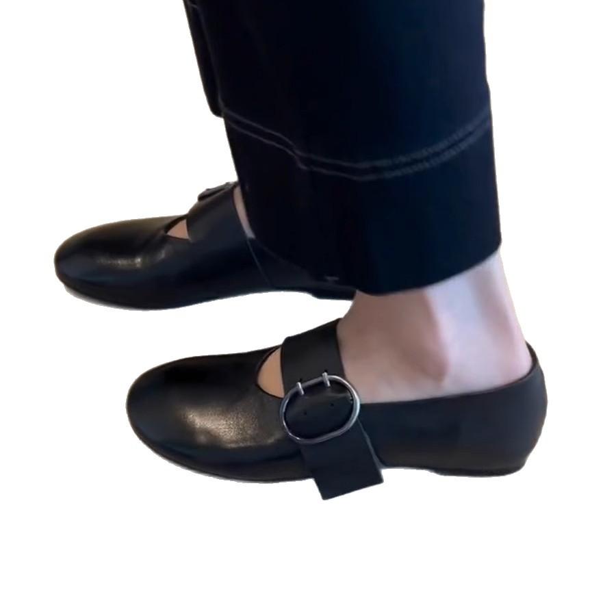 Spot Version~ Round Head Belt Buckle Flat Bottom Mary Jane Shoes Retro Small Single Shoes Grandma Shoes Shallow Mouth Ballet Shoes Women