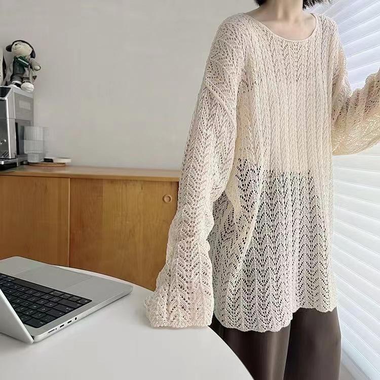 2024 Spring and Autumn New Lazy Wind Loose Long Sleeve Fashion Hollowed-out Slit Knitted Blouse