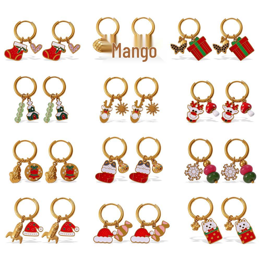 Stainless Steel Cartoon Christmas Tree & Elk Ear Cuff Earrings