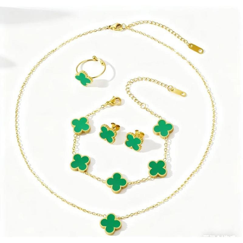 4PCS 13MM Double-Sided Smooth Mother-of-Pearl Four-Leaf Clover Set, Necklace, Bracelet, Earrings And Ring Set, Versatile Jewelry for Women