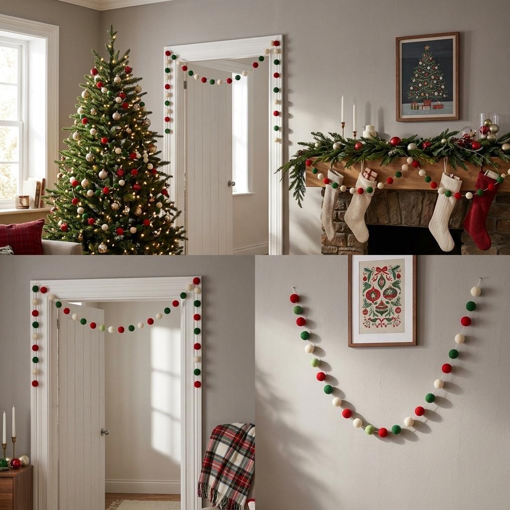 Set of 5 Christmas Felt Pom-Pom Garlands (Red, Green, & Cream) — Perfect for Fireplaces, Walls, and Party Decor