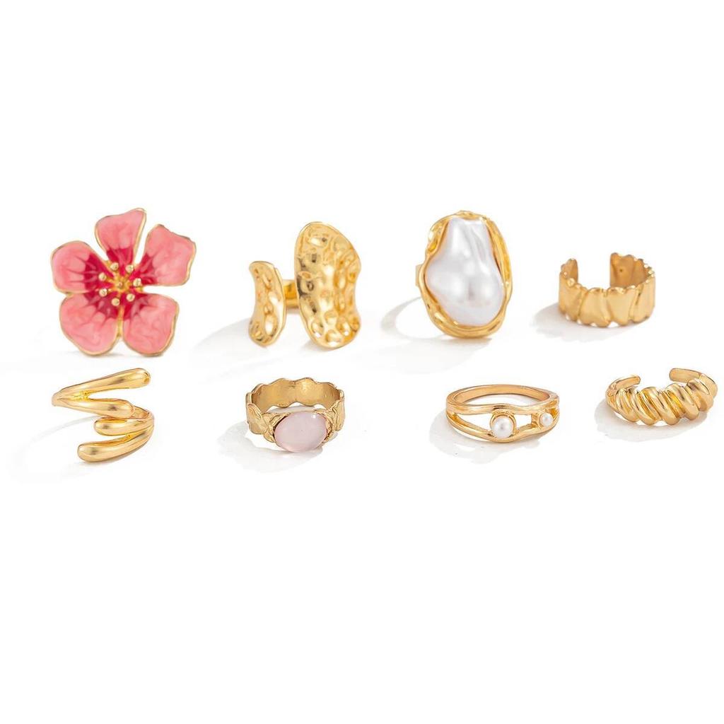 SHIXIN 8 Pcs Trendy Pink Flower Stackable Rings Set Women Exquisite Acrylic Drill Knuckle Joint Ring Y2K Aesthetic Jewelry Gift