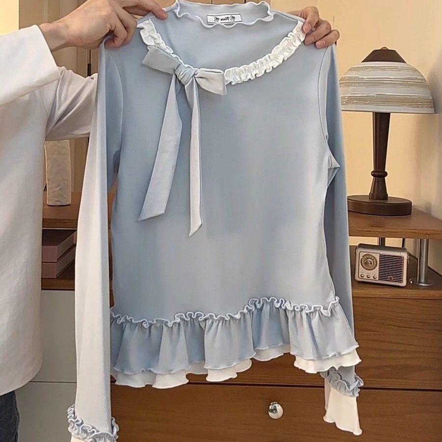 Haut rétro DeRong à col montant pour femme avec ourlet à volants, design effet deux-pièces, manches longues et nœud 3D.