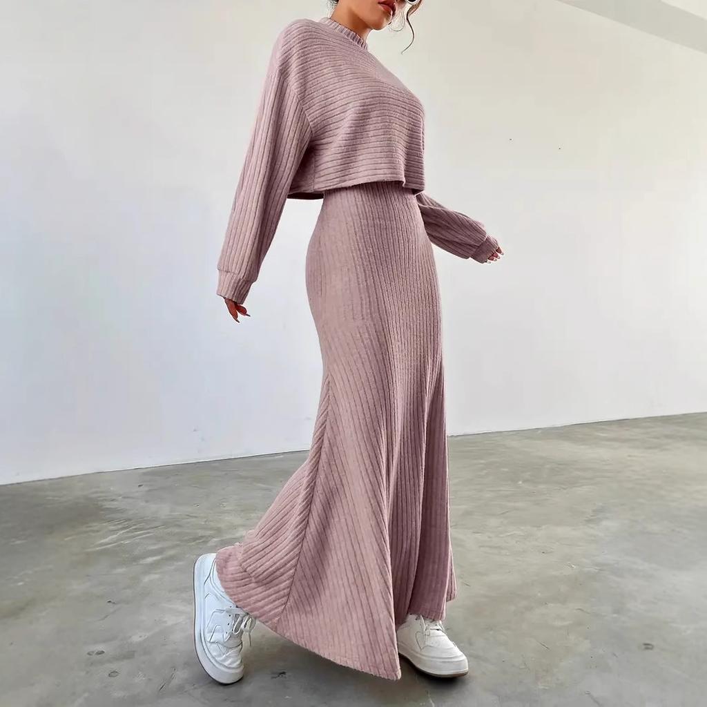 Rib Knit Crop Top And Maxi Skirt Set Two Piece Outfits Long Sleeve High Waist Plain Matching Sets