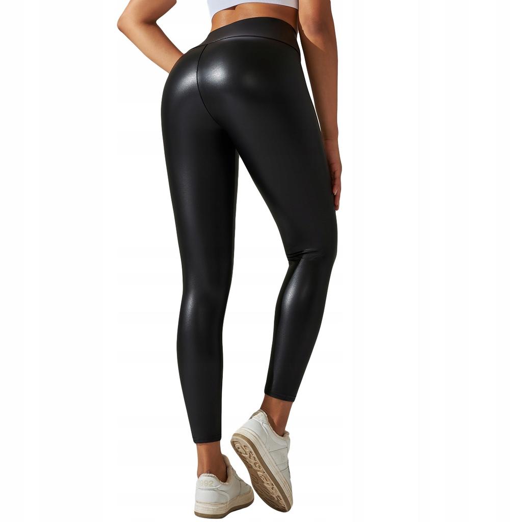 Leggings Modisch Hohe Taille Formend Öko-Leder Elastisch Push-up Schwarz S