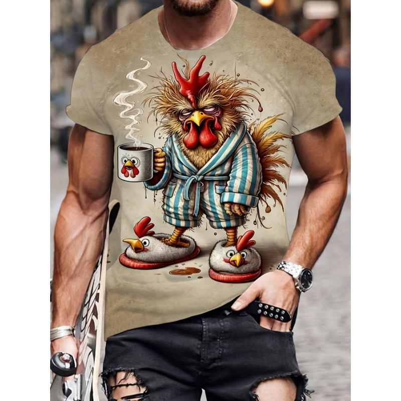 Men's Funny Morning Rooster 3D Printed T-Shirt Casual Short Sleeve Crewneck Top Cool Coffee Chicken Graphic Tee Quirky Harajuku Summer Streetwear