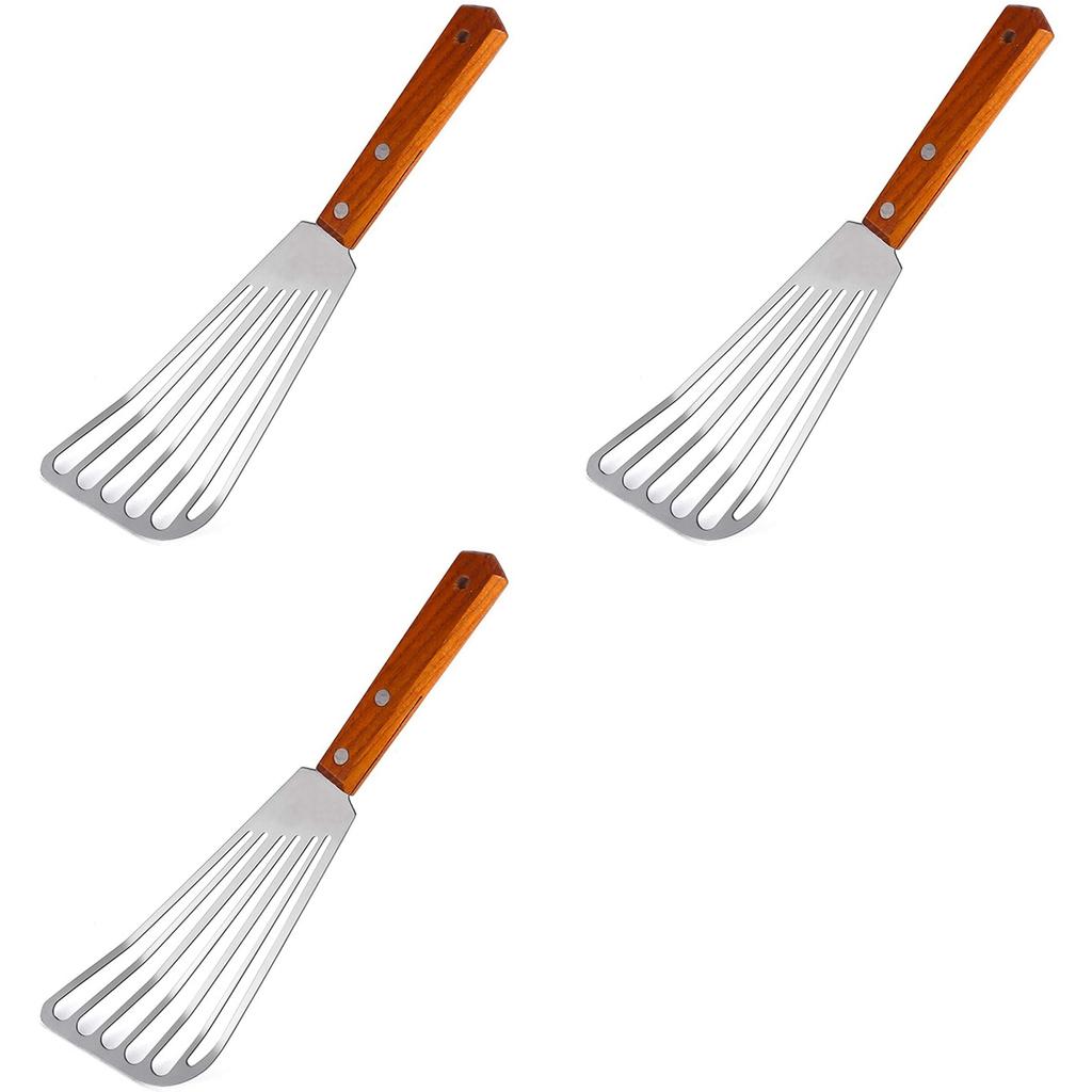 Premium-3X Stainless Steel Fish Spatula Turner, Wood Handle Fish Spatula, Slotted Turner, Kitchen Metal Spatula
