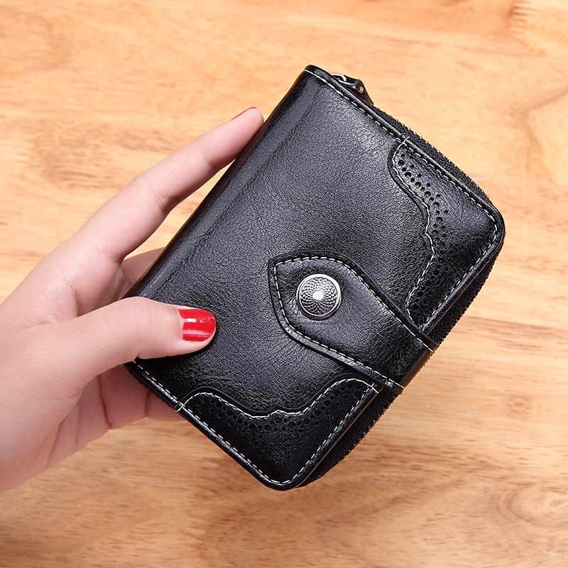 IELGY retro oil wax leather short zipper buckle small wallet for women