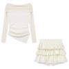Off Schulter Sexy Zwei Stücke Set Frauen Solide Plissee Tops T-shirt + Mini Kuchen Röcke Damen Koreanische Mode Fee chic Party Anzüge 2024