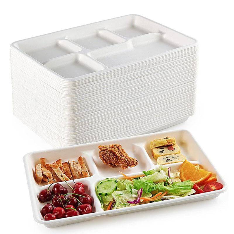 10/30Pcs Disposable Paper Plates, 5 Compartment School Lunch Trays, Compostable Bagasse Plates for Buffet Party