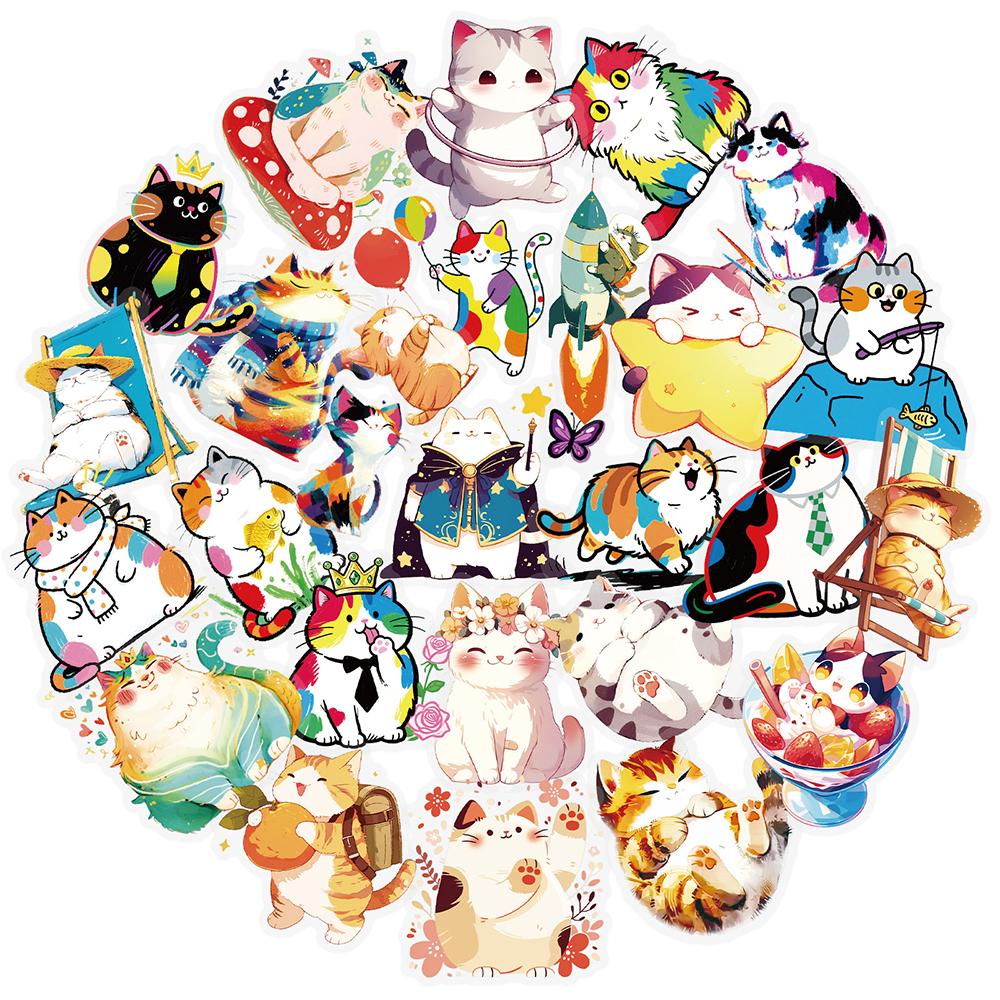 10/30/50pcs Kawaii Colorful Cat Transparent PET Stickers Cute Cartoon Sticker Decoration Suitcase Notebook Phone Decals Packing