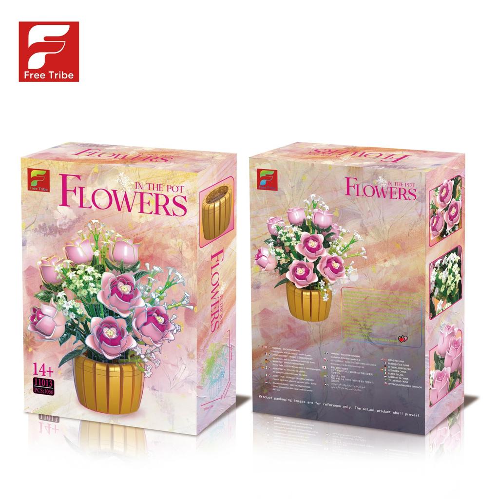 Non-Toxic 1056Pcs Pink Rose Potted Building Blocks Flower Vase Model Bricks Desktop Ornament Romantic Gift Educational Diy Toys For Kids