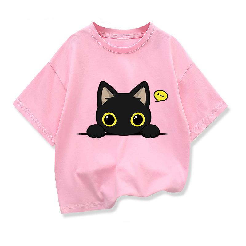 Original Design Summer Kids Clothing Short Sleeve Tee T Shirt Cute Black Cat Graphic Tee Tops Boys Girls T Shirts Pure Cotton