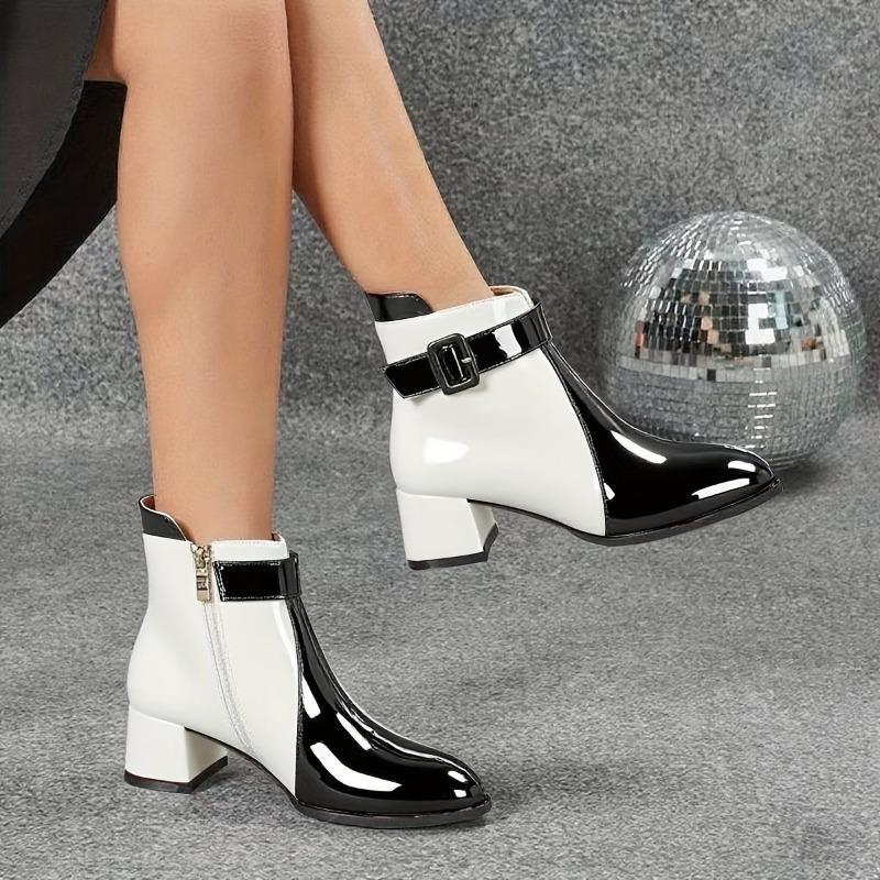 New Patent Leather Booties Spring And Autumn Pointed Toe Splice Side Zipper Waterproof And Non-Slip Women'S Shoes