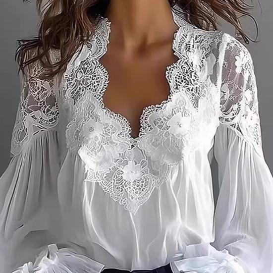 Women Shirt V-Neck Pleated Puff Long Sleeve Summer Shirt Embroidery Lace Splicing Loose Fit Shirt Tops Parties Travel Wear
