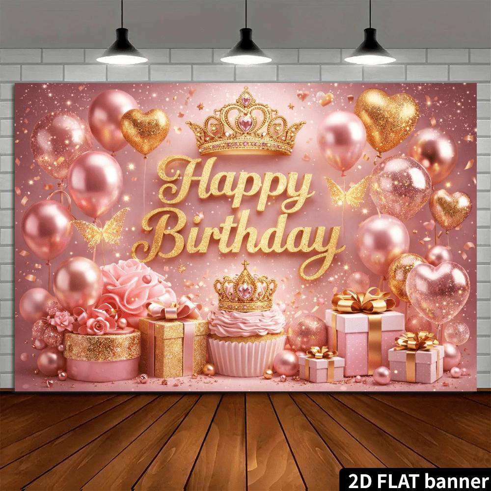 2D plane pink luxurious birthday party backdrop with a golden glittering "Happy Birthday" in the center.zyc