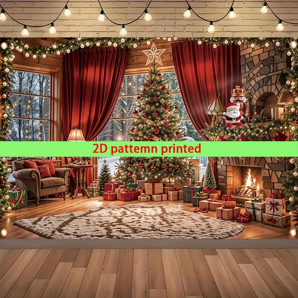2D flat multi-functional Christmas background fabric with fireplace and tree design polyester material party background