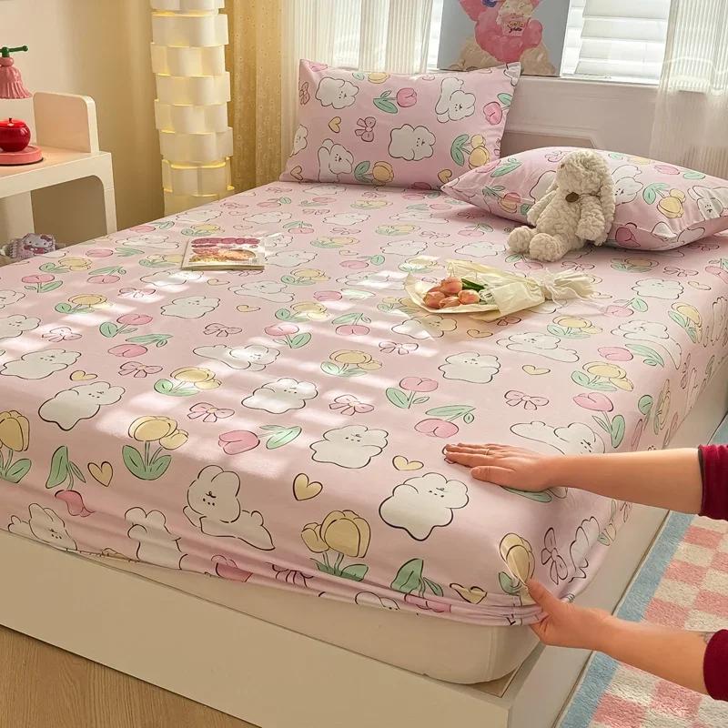 1 Pc 100%Cotton Bed Sheet Cartoon Fish Printed Fitted Sheet with Elastic Band Single/Queen/King Pure Cotton Bed Botton Sheets