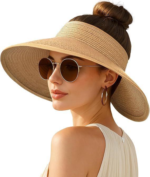 Cappello Visiera Parasole Sportivo da Donna Traspirante a Tesa Larga con Parte Superiore Aperta in Paglia con Fascia Regolabile per Spiaggia Escursionismo Corsa
