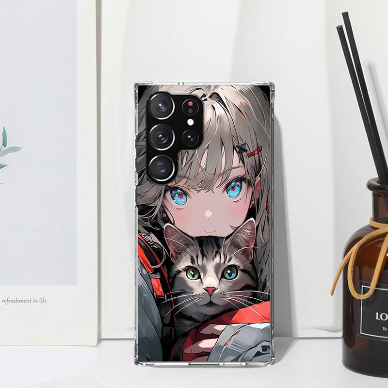 Anime Girls Cute Black Cat Phone Case For Samsung Galaxy S26 S25 Edge S24 FE S23 S22 Ultra S21 Plus S20 + Art Fundas Back Cover
