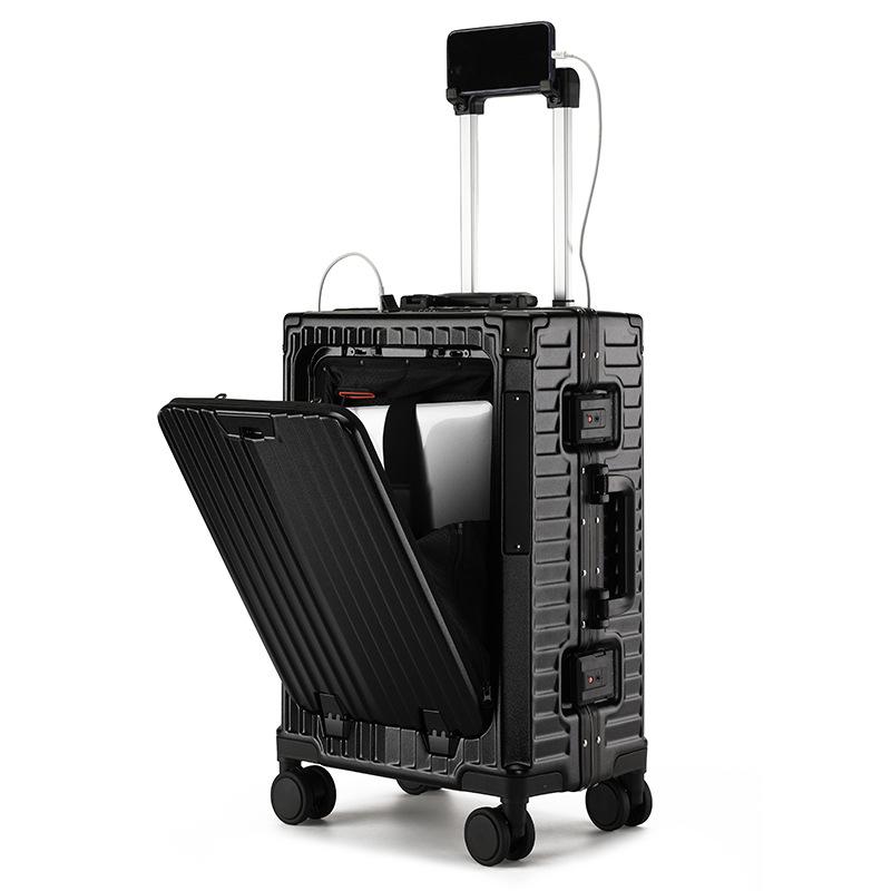 20 Inch Front Opening Multifunctional PC Aluminum Frame Carry On Luggage - Rechargeable Rolling Suitcase with Combination Lock & Spinner Wheels