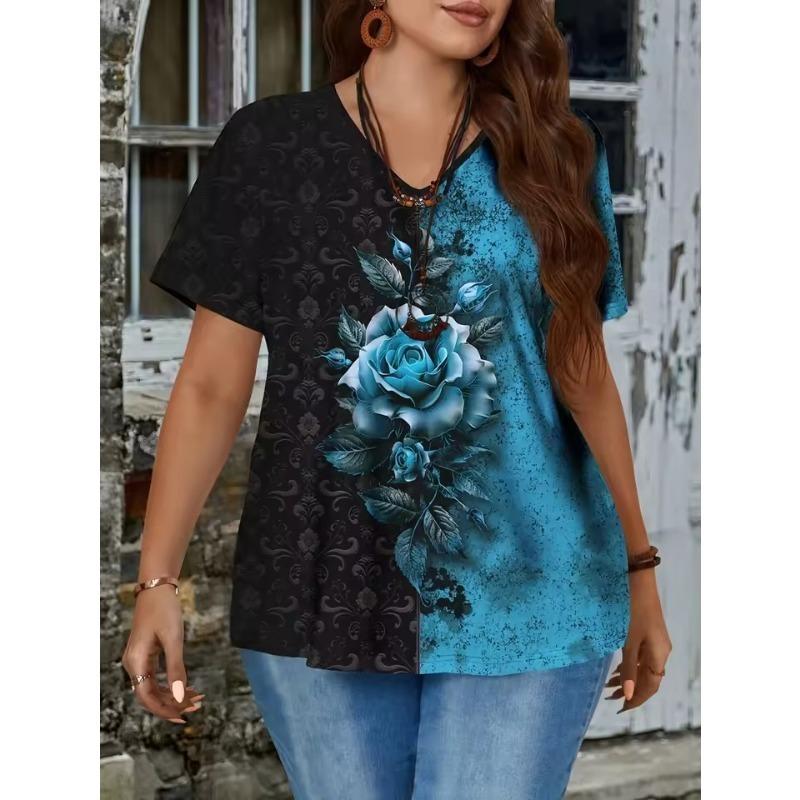 Plus Large Size Women's Floral Print V-neck Short-sleeved 3D T-shirt Casual Knitted Micro-stretch Top Pullover