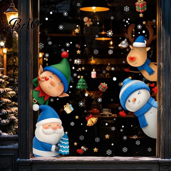 Family Party Glass Decorations Christmas Window Stickers Static Cling, Santa/Reindeer/Snowmen/Elves Print, Waterproof Kids Room Wall Art PVC Decal for