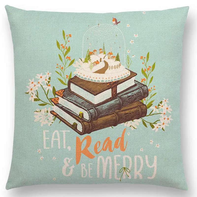 Tea Reading Books Pillow Case Home Decor Linen/cotton Cushion Cover Designer Pillow Cover for Sofa Bedroom Housse De Coussin