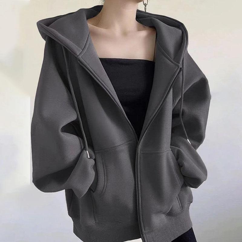 Autumn Winter Women's Fleece Sweatshirt Thickened Hooded Zip-up Loose Sweatshirt