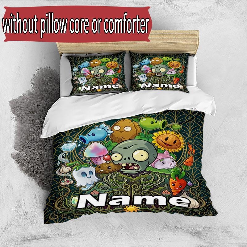 3pcs Duvet Cover Set (1*Duvet Cover + 2*Pillowcase, Without Core), Custom Name Plants VS Zombies Pattern Bedding Set, Home Bedroom Decor Gift