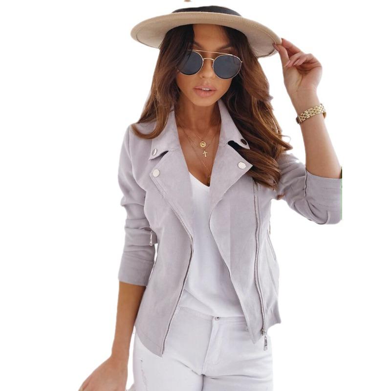 Autumn Women's Asymmetrical Zipper Jacket Autumn Women's Motorcycle Suede Slim Fit Solid Color Cycling Short Jacket