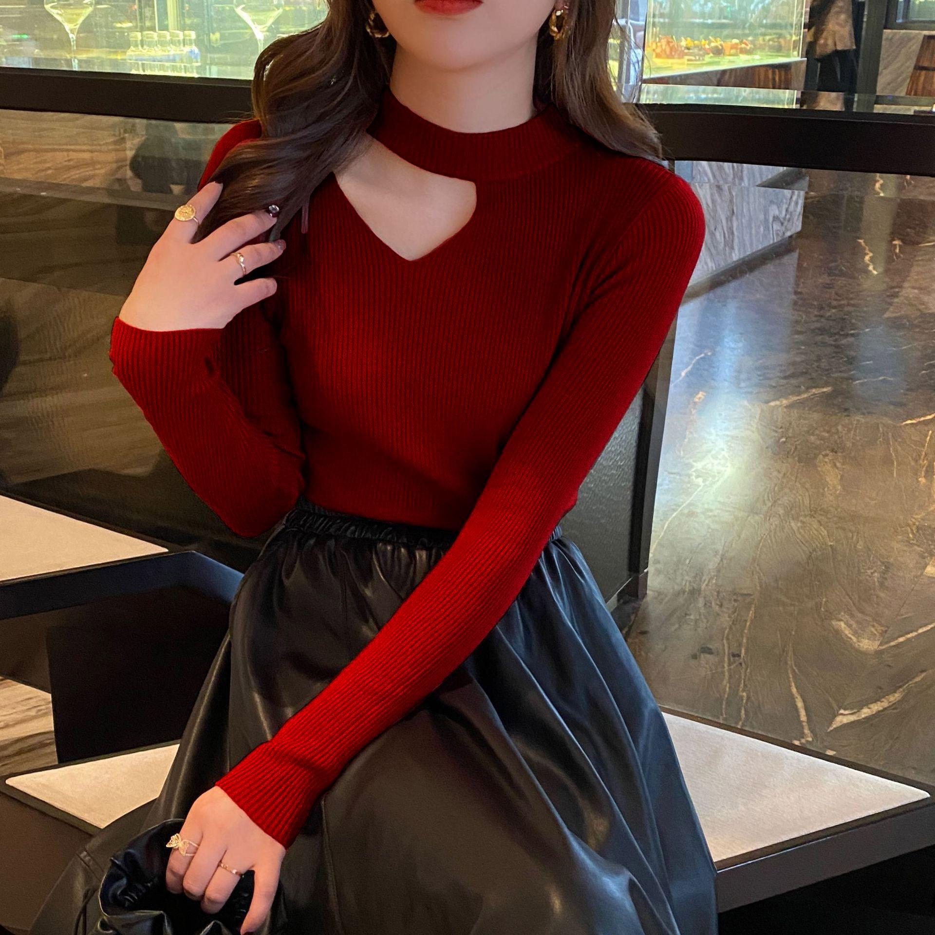 

Весенне-осенний женский свитер с бретелькой на шее, однотонный однотонный вязаный топ с длинным рукавом, тонкий низ OneSize